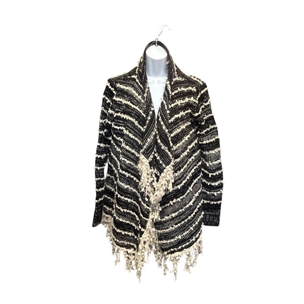 Anthropologie La Fee Verte Black Cream Fringe Waterfall Open Front Cardigan Sz S